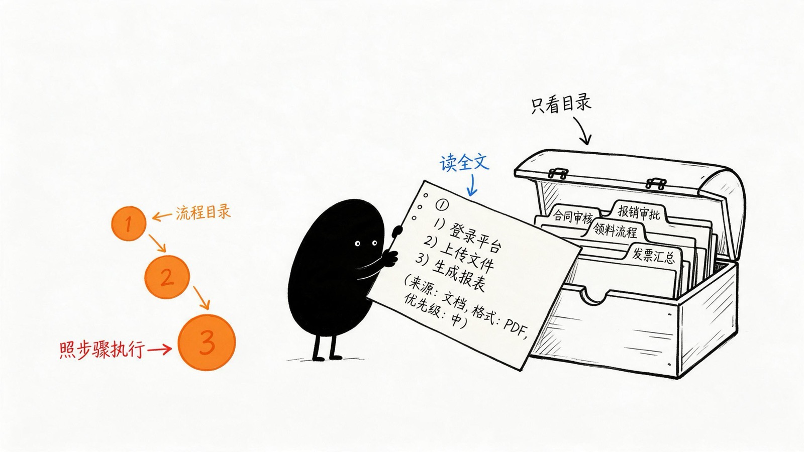 技能像卡片盒:只看目录、读全文、照步骤执行